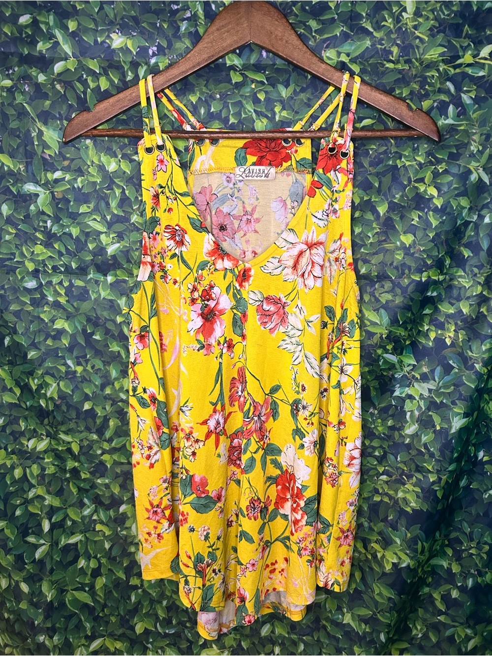 Lavish Yellow Floral Top with Red Blooms and Green Leaves